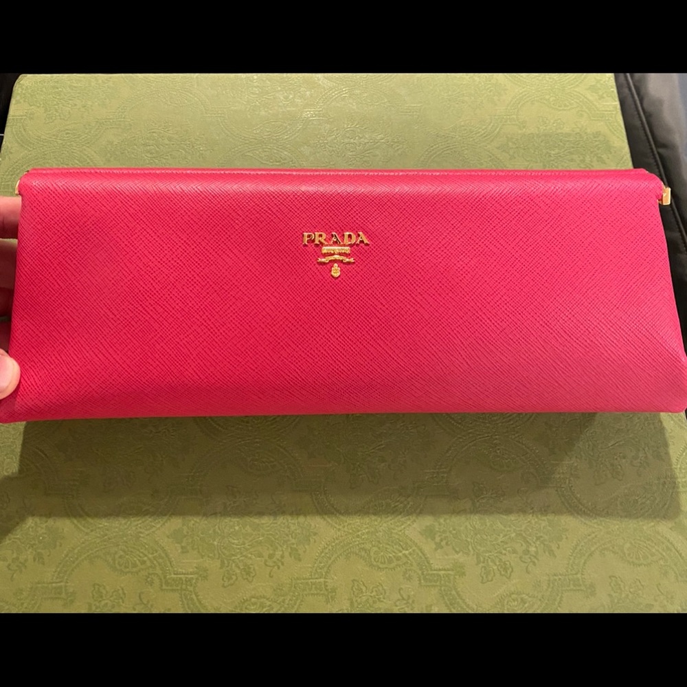 new *PRADA* Pink Saffiano Clutch Bag